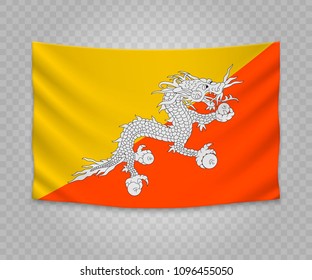 Realistic hanging flag of Bhutan. Empty  fabric banner illustration design.