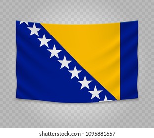 Realistic hanging flag of Bosnia. Empty  fabric banner illustration design.