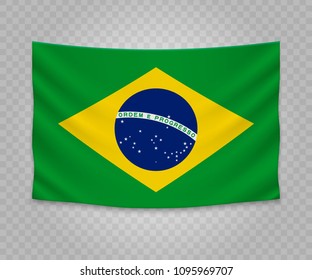 Realistic hanging flag of Brazil. Empty  fabric banner illustration design.