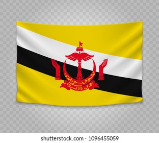 Realistic hanging flag of Brunei. Empty  fabric banner illustration design.