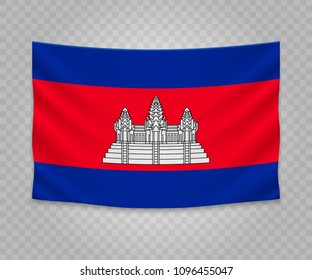 Realistic hanging flag of Cambodia. Empty  fabric banner illustration design.