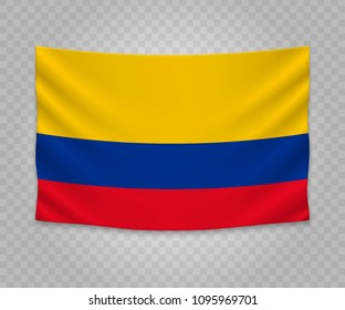 Realistic hanging flag of Colombia. Empty  fabric banner illustration design.