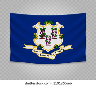Realistic hanging flag of Connecticut. State of USA. Empty  fabric banner illustration design.