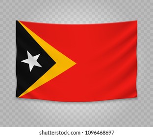 Realistic hanging flag of East Timor. Empty  fabric banner illustration design.