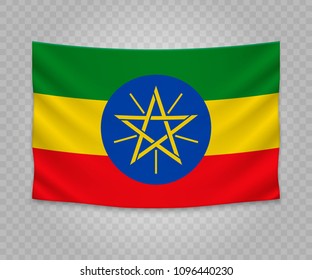 Realistic hanging flag of Ethiopia. Empty  fabric banner illustration design.