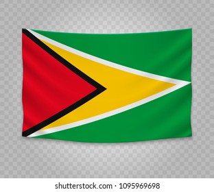 Realistic hanging flag of Guyana. Empty  fabric banner illustration design.