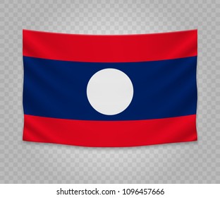 Realistic hanging flag of Laos. Empty  fabric banner illustration design.