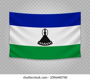Realistic hanging flag of Lesotho. Empty  fabric banner illustration design.