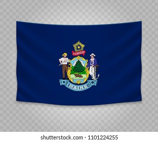Realistic hanging flag of Maine. State of USA. Empty  fabric banner illustration design.