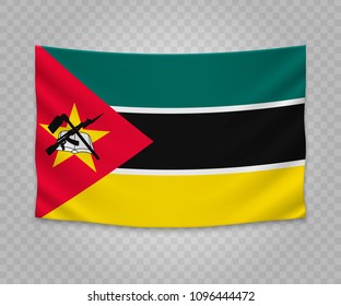 Realistic hanging flag of Mozambique. Empty  fabric banner illustration design.