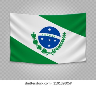 Realistic hanging flag of Parana. State of Brazil. Empty  fabric banner illustration design.