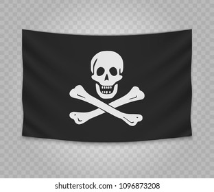 Realistic hanging flag of pirate. Empty  fabric banner illustration design. Jolly Roger