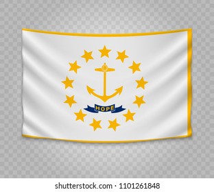 Realistic hanging flag of Rhode Island. State of USA. Empty  fabric banner illustration design.