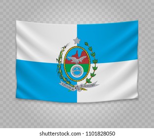 Realistic hanging flag of Rio de Janeiro. State of Brazil. Empty  fabric banner illustration design.