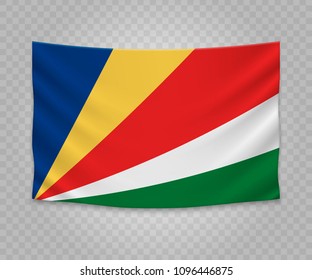 Realistic hanging flag of Seychelles. Empty  fabric banner illustration design.