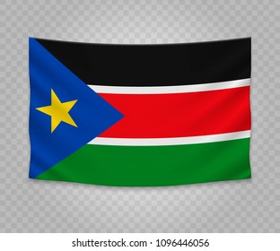 Realistic hanging flag of South Sudan. Empty  fabric banner illustration design.