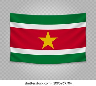 Realistic hanging flag of Suriname. Empty  fabric banner illustration design.