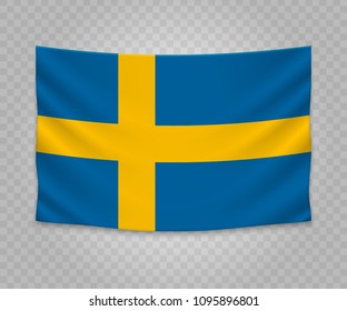 Realistic hanging flag of Sweden. Empty  fabric banner illustration design.