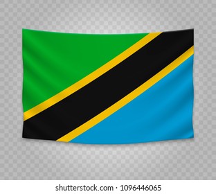Realistic hanging flag of Tanzania. Empty  fabric banner illustration design.