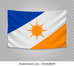 Realistic hanging flag of Tocantins. State of Brazil. Empty  fabric banner illustration design.