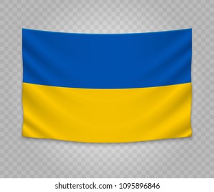 Realistic hanging flag of Ukraine. Empty  fabric banner illustration design.