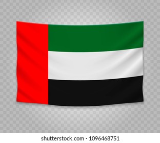 Realistic hanging flag of United Arab Emirates. Empty  fabric banner illustration design.