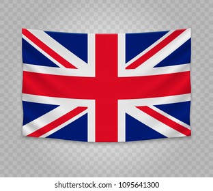 Realistic hanging flag of United Kingdom. Empty  fabric banner illustration design.
