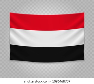 Realistic hanging flag of Yemen. Empty  fabric banner illustration design.