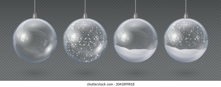 Realistic Hanging Glass Christmas Balls Empty And With Snow. 3d Xmas Tree Decoration, Transparent Crystal Sphere With Snowflakes Vector Set. Xmas Holiday Celebration Decor, Bubble With Falling Snow