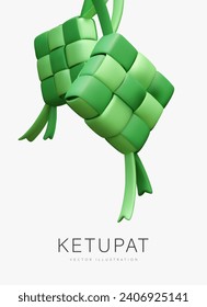 Realistic hanging green ketupat. Traditional rice dish in palm or banana leaf. Asian, Arabic cuisine. Festive dinner. Holiday Islamic meal. Vertical poster for web design