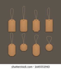 	
Realistic hanging leather labels. Set of labels of various shapes. Isolated vector illustration