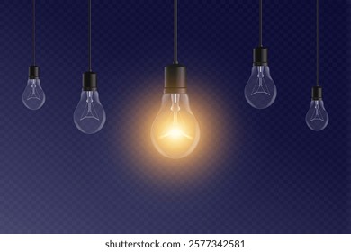 Realistic hanging light bulbs with one glowing. Many electric extinct light bulbs and one glowing. Concept of idea and choosing successful idea from many failed ones. Vector illustration.