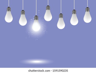 Realistic hanging light bulbs, vector illustration. Innovation, creative thinking concept with copy space for poster, banner etc.