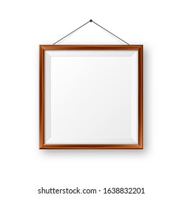 Realistic hanging on a wall blank wooden picture frame. Modern poster mockup. Empty photo frame with texture of wood. Art gallery. Vector illustration.