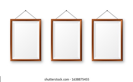 Realistic hanging on a wall blank wooden picture frame. Modern poster mockup. Empty photo frame with texture of wood. Art gallery. Vector illustration.