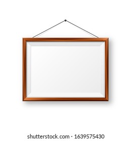 Realistic hanging on a wall blank wooden picture frame. Modern poster mockup. Empty photo frame with texture of wood. Art gallery. Vector illustration.
