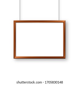 Realistic hanging on a wall blank wooden picture frame. Modern poster mockup. Empty photo frame with texture of wood. Vector illustration.