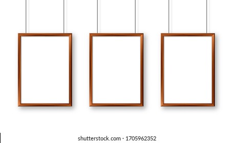 Realistic hanging on a wall blank wooden picture frame. Modern poster mockup. Empty photo frame with texture of wood. Vector illustration.