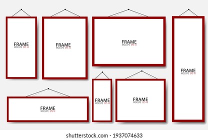Realistic hanging on a wall blank red picture frames collection. Modern poster mockup. Empty photo frame. Vector illustration.
