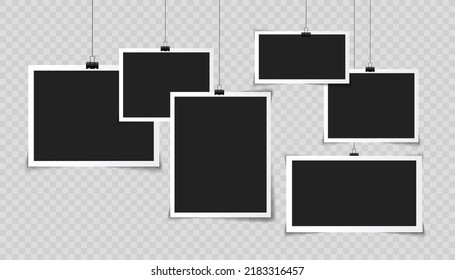 Realistic Hanging Photo Frames Design, Black And White Color, With Premium Vector Transport File.  