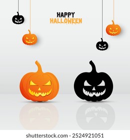 Design realista de abóbora pendurada. Cor de gradiente laranja abóboras vetor arte. Feliz Halloween abóboras definir vetor. Ilusão de equipamentos de design de banner de Halloween. 