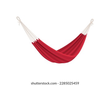 Realistic hanging red fabric hammock on white background vector illustration