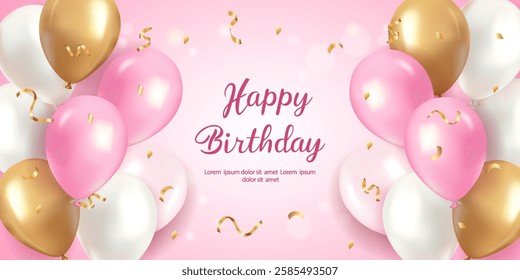 Realistic happy birthday banner with gold, pink and white balloons and confetti falling on a rose colored background. Suitable for greeting cards, posters, templates