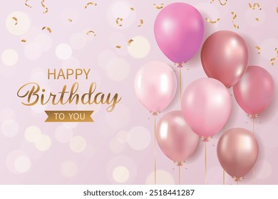 Anuncio realista del feliz cumpleaños con los globos rosados y blancos y el confeti que cae en un fondo color de rosa. Adecuado para tarjetas de felicitación, carteles, fiestas, invitaciones