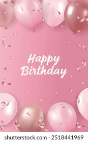 Realistic happy birthday poster with pink and champagne colored balloons on a rose colored background. Suitable for greeting cards, posters, parties, invitations