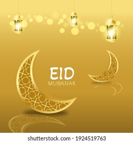 Realistic happy eid mubarak with bright crescent moon