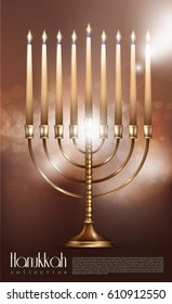 Realistic Happy Hanukkah concept with burning candles in menorah on blurred background isolated vector illustration