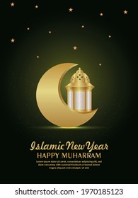 Realistic happy muharram invitation vector illustration with golden moon and lantern