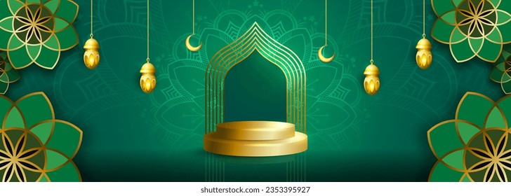 Realistic Happy muharram podium backgroud, muharram festival muslim holiday suitable for greeting card, business, poster, est