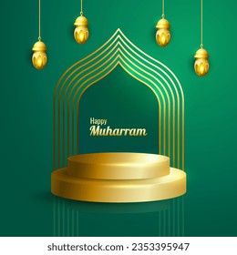 Realistic Happy muharram podium backgroud, muharram festival muslim holiday suitable for greeting card, business, poster, est